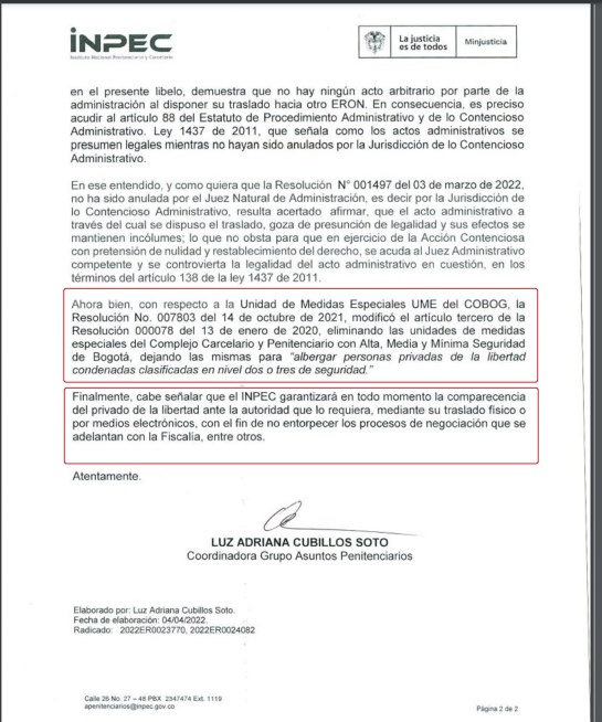 La respuesta del INPEC a la Fiscalía sobre el traslado del condenado Emilio Tapia