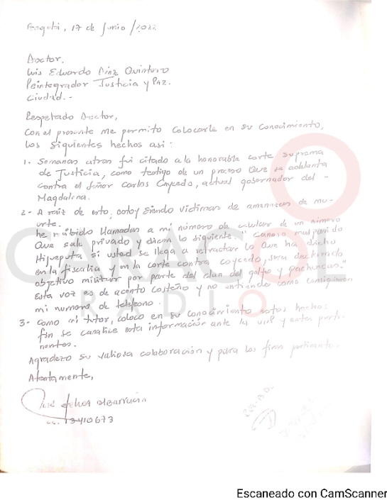 La carta del exjefe paramilitar alias'El Canoso' donde advierte de supuestas amenazas en su contra