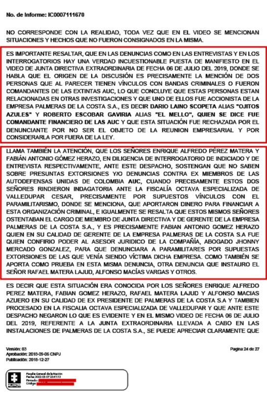 Informe del CTI pide abrir la investigación en contra de empresarios salpicados por exparamilitares