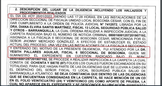 Informe de CTI donde consta que el fiscal Yesith Pallares volvió al mismo cargo