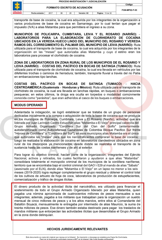 El escrito de Acusación en contra del Cnel. en retiro Robinson González del Río y el Cnel. en retiro Harry Leonardo Gómez por el caso'Matamba'