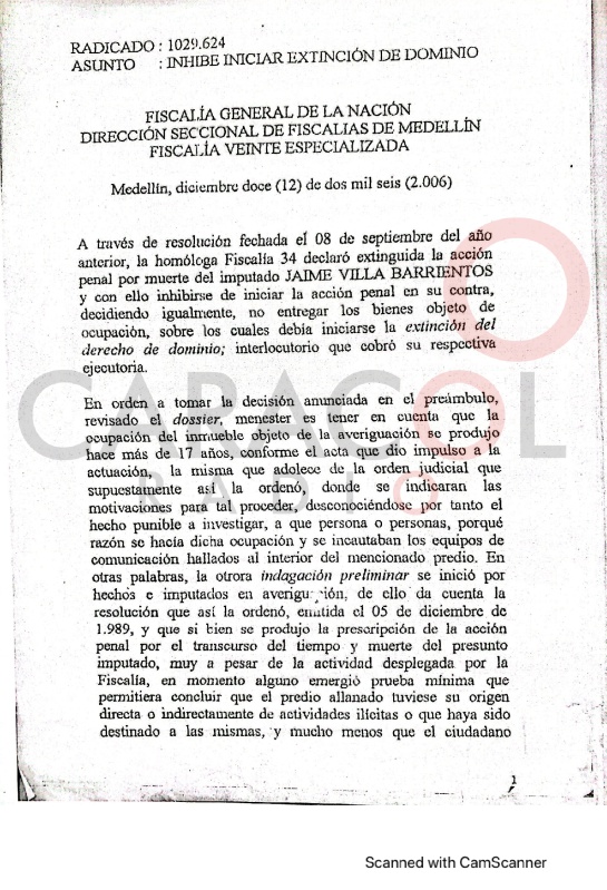 Una de las pruebas con las que el exgobernador Luis Pérez, busca tumbar el decomiso de seis bienes avaluados en $74.000 millones