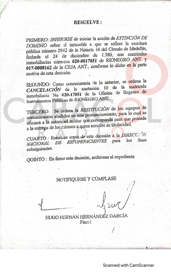 Una de las pruebas con las que el exgobernador Luis Pérez, busca tumbar el decomiso de seis bienes avaluados en $74.000 millones